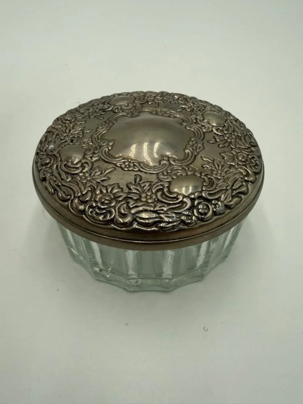 Vintage Glass Vanity Jar Ornate Silver Tone Lid Floral Design Scalloped Body